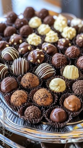 A beautiful assortment of decadent chocolates displayed on an elegant platter, perfect for any celebration or treat.