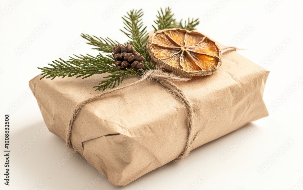 Eco-friendly Christmas gift wrapped in recycled paper with pine and dried orange decoration in natural light Eco-friendly Christmas gift wrapped in recycled paper with pine and dried orange decoration in natural light