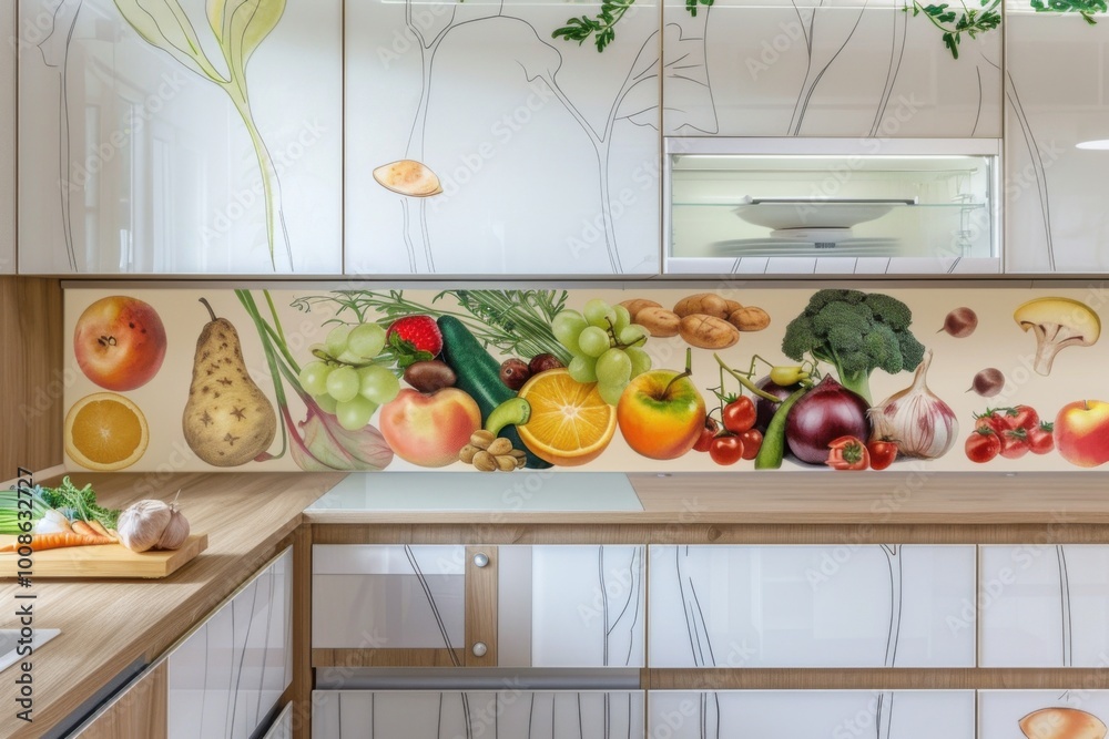 A modern kitchen cabinet with artistic drawings of fruits and vegetables, combining functionality with aesthetic appeal, showcasing a fresh, cute and contemporary design. A modern kitchen cabinet with artistic drawings of fruits and vegetables, combining functionality with aesthetic appeal, showcasing a fresh, cute and contemporary design.