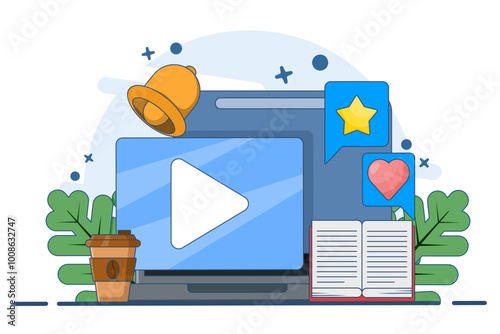 Online video training concept. Distance business training, streaming, webinar, online conference, online learning, watching video tutorials, lessons, lectures on the internet. Flat vector illustration