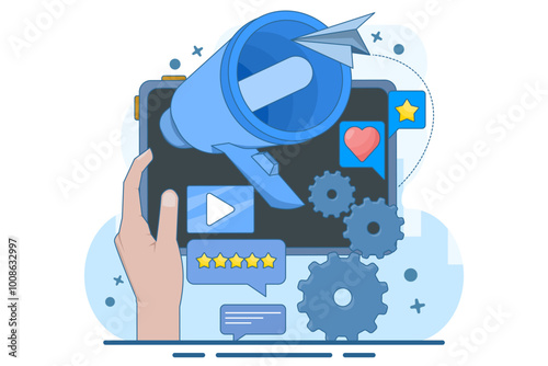 Social network promotion concept. Social media marketing, digital promotion campaign, web analytics, SMM strategy, chatbot, video broadcast, stories. Like comment share give. Flat vector illustration.