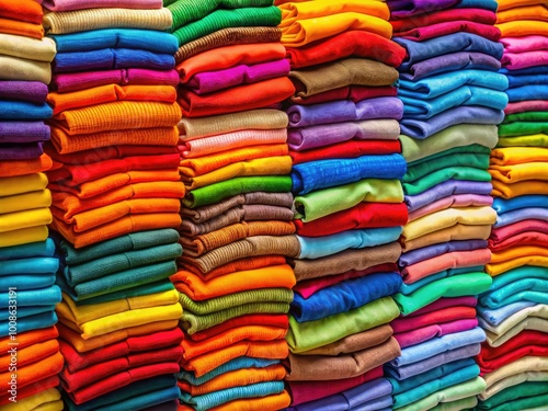 Neatly Stacked Clothing in Various Colors on a Soft Surface for Fashion and Retail Backgrounds