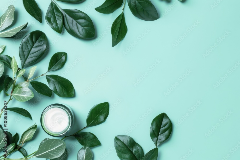 Naklejka premium Minimalist Green Leaves and Skincare Product Flat Lay on Mint Background