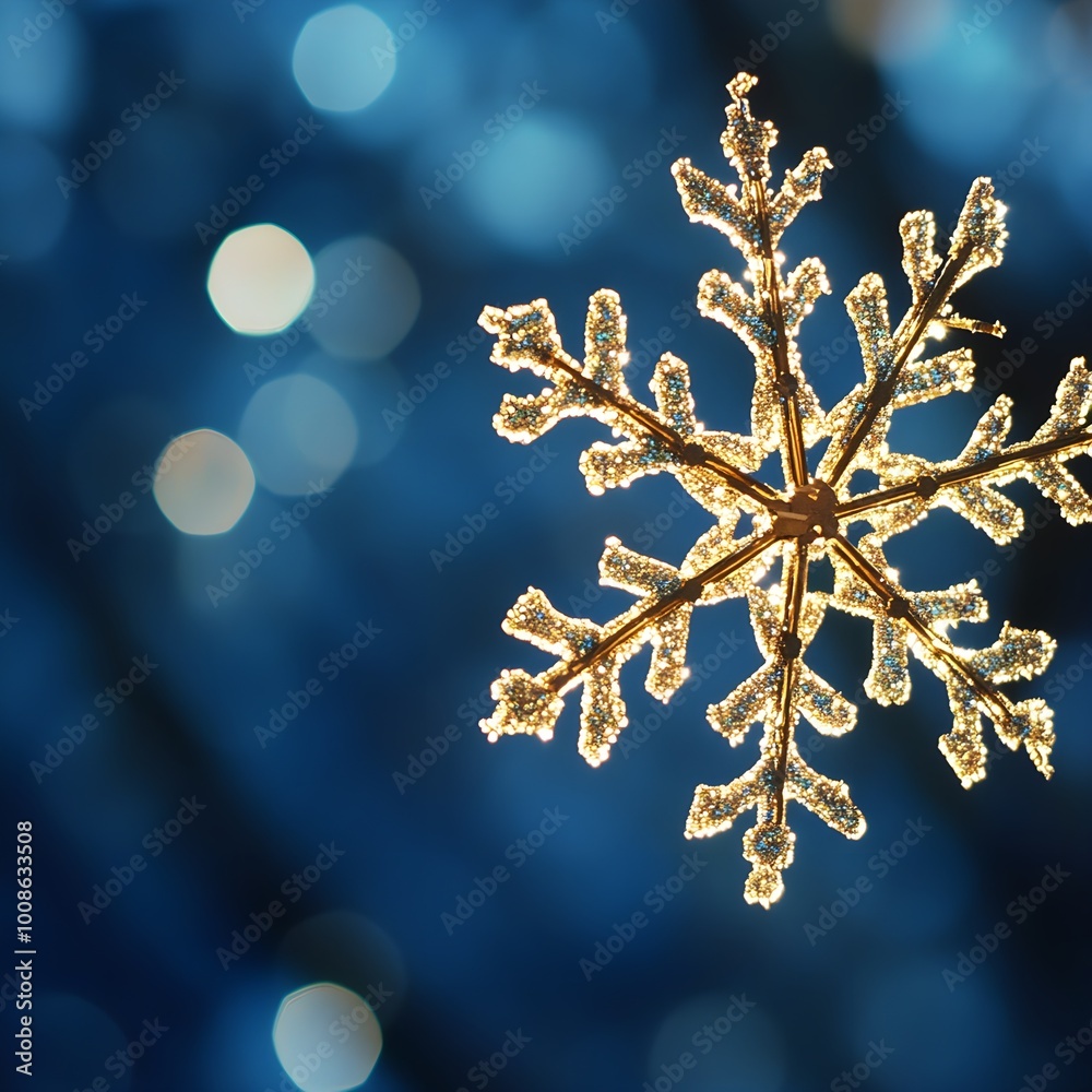 Golden snowflake glowing against a blue wintry background. Golden snowflake glowing against a blue wintry background.