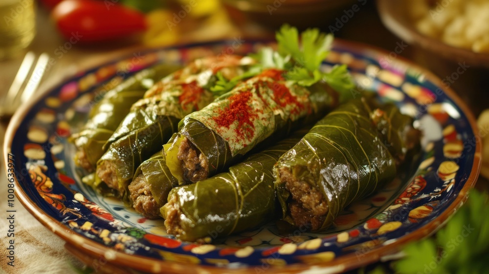 Balkan traditional dish of minced pork in grape leaves served on a pretty plate Balkan traditional dish of minced pork in grape leaves served on a pretty plate