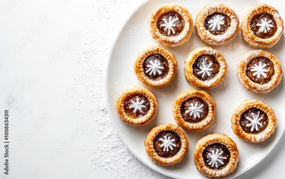 Delicious small minced pies with spiced fruit filling arranged on a white platter with a rustic flour touch Delicious small minced pies with spiced fruit filling arranged on a white platter with a rustic flour touch