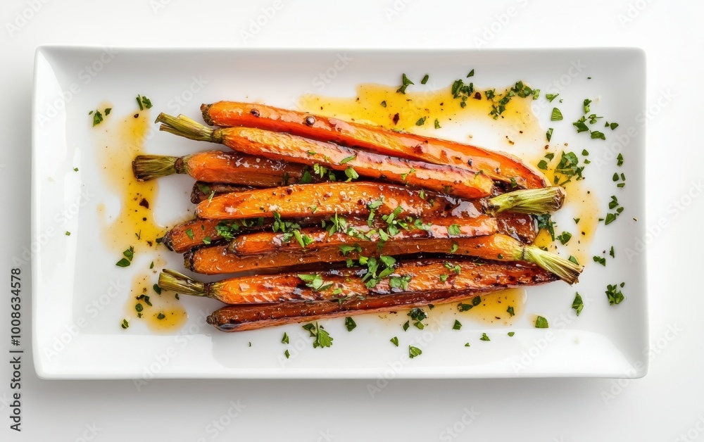 Sautéed glazed carrots with butter and brown sugar served on a white plate, garnished with herbs for added flavor Sautéed glazed carrots with butter and brown sugar served on a white plate, garnished with herbs for added flavor