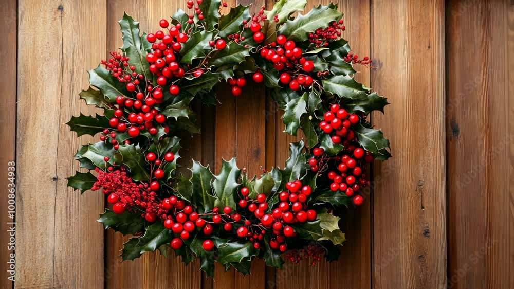A holly wreath with red berries hangs on a wooden door A holly wreath with red berries hangs on a wooden door