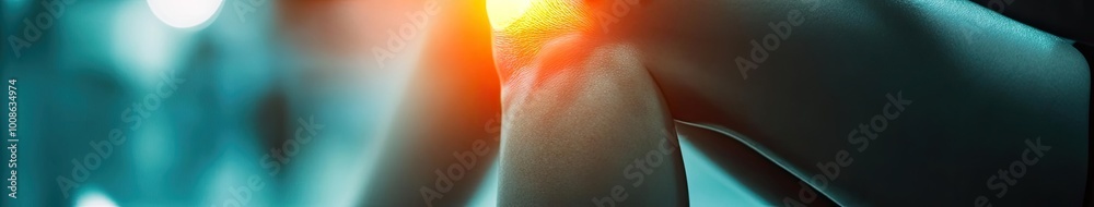 Fototapeta premium A close-up of a person touching their knee, illustrating discomfort or pain, with a glowing effect highlighting the area.