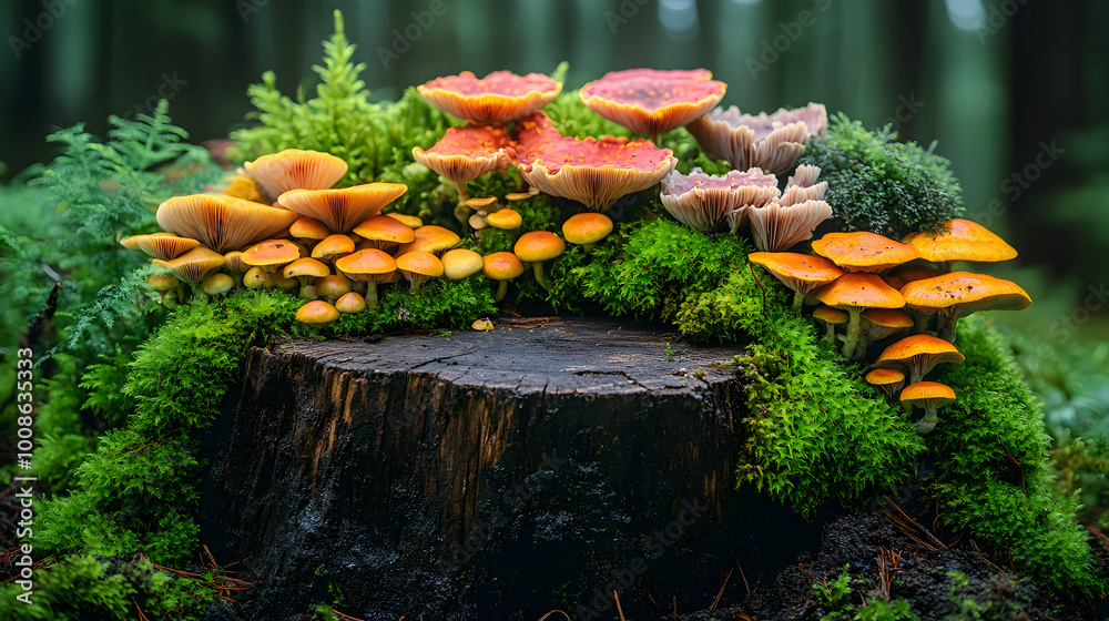 Whimsical Stump with Moss and Mushrooms