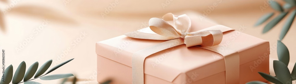 A beautifully wrapped gift box adorned with a soft ribbon, surrounded by delicate foliage, perfect for celebrations. A beautifully wrapped gift box adorned with a soft ribbon, surrounded by delicate foliage, perfect for celebrations.