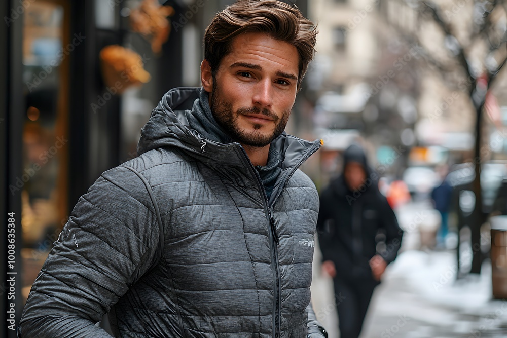 Fashionable man in winter jacket strolling through city street Fashionable man in winter jacket strolling through city street