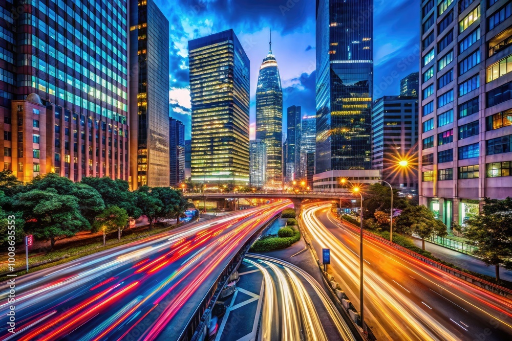 Panning Shot of Vibrant City Lights at Night with Skyscrapers and Traffic Flowing Below