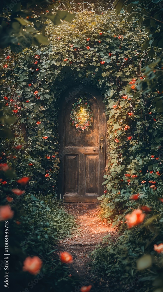 A charming, overgrown door nestled in a mystical garden, surrounded by vibrant blossoms and lush greenery. A charming, overgrown door nestled in a mystical garden, surrounded by vibrant blossoms and lush greenery.