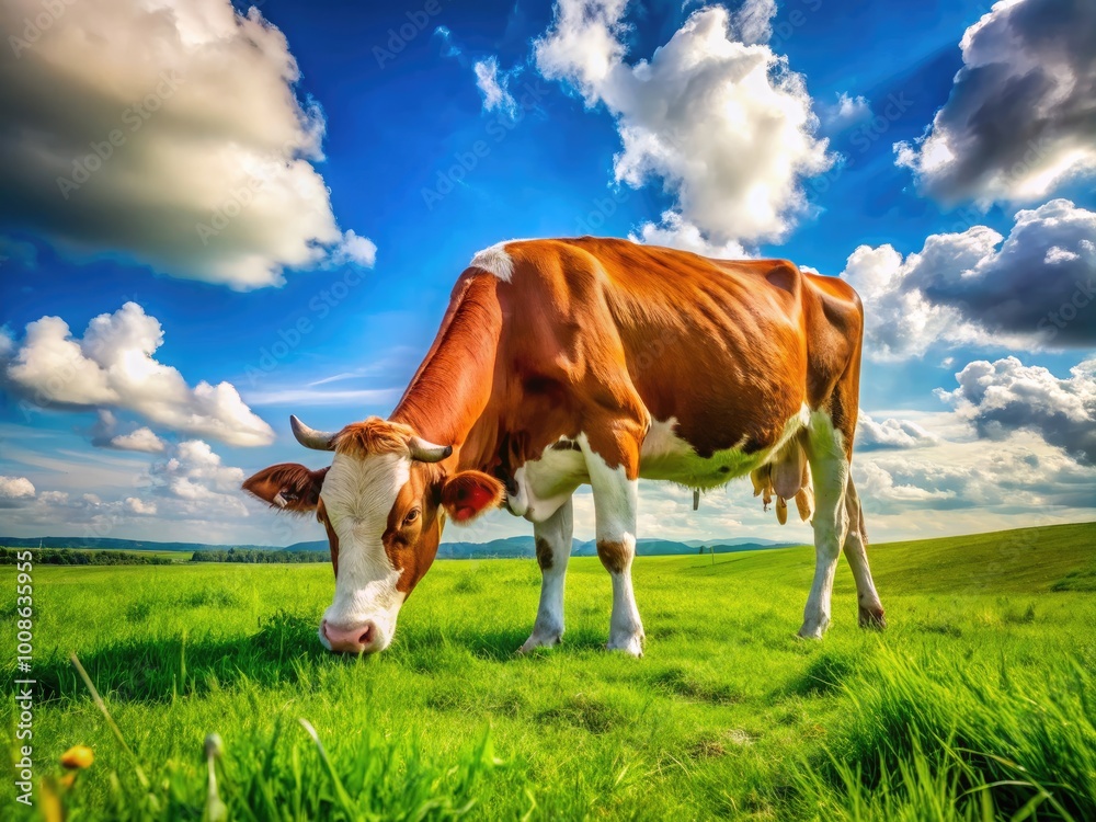 Peaceful Cow Grazing in a Green Meadow Under a Bright Blue Sky on a Sunny Day in Nature Peaceful Cow Grazing in a Green Meadow Under a Bright Blue Sky on a Sunny Day in Nature