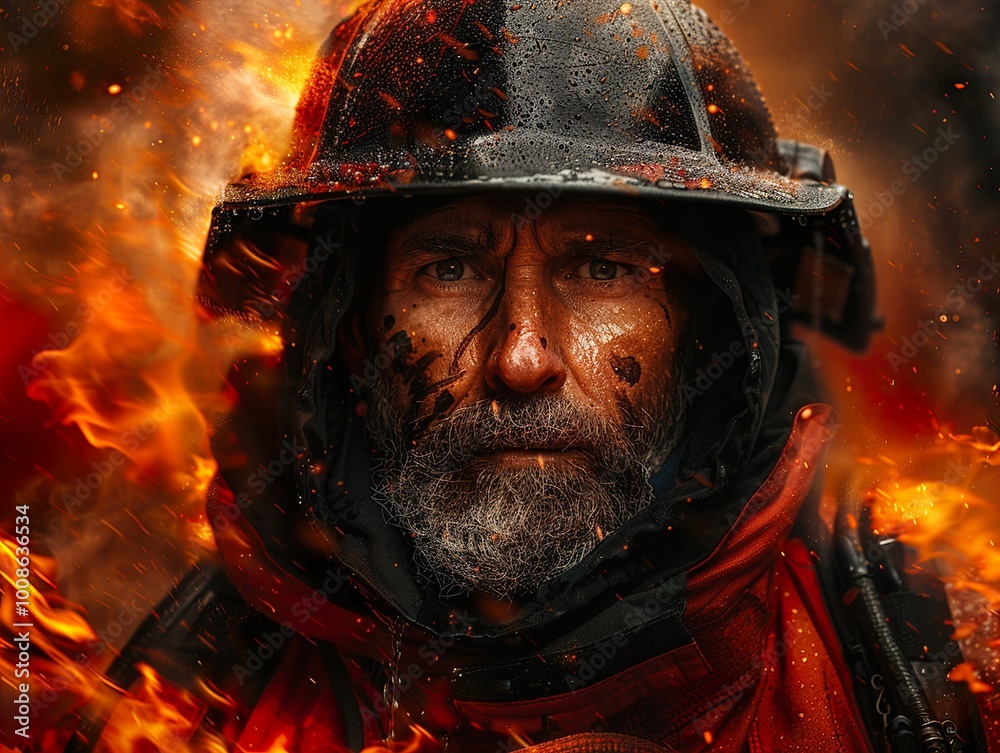 Firefighter Facing the Flames: A Portrait of Courage Firefighter Facing the Flames: A Portrait of Courage