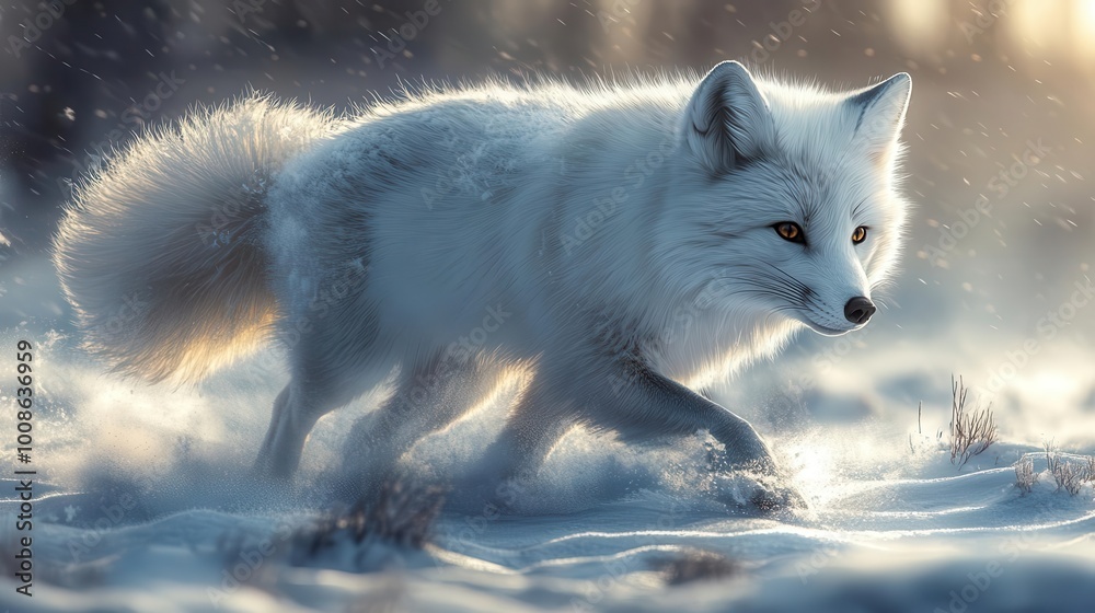 Obraz premium arctic fox stealthily prowling across a snowy landscape its fluffy white fur blending seamlessly with the icy terrain capturing the essence of survival in a harsh environment