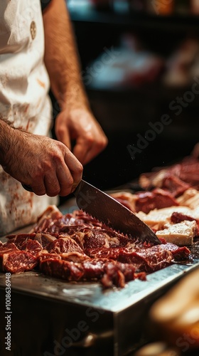 A chef skillfully chops fresh meat on a wooden cutting board, showcasing the art of butchery in a rustic kitchen. photo