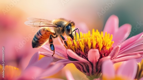 A close-up of a bee collecting nectar from a vibrant flower, showcasing nature's beauty and the importance of pollinators. photo