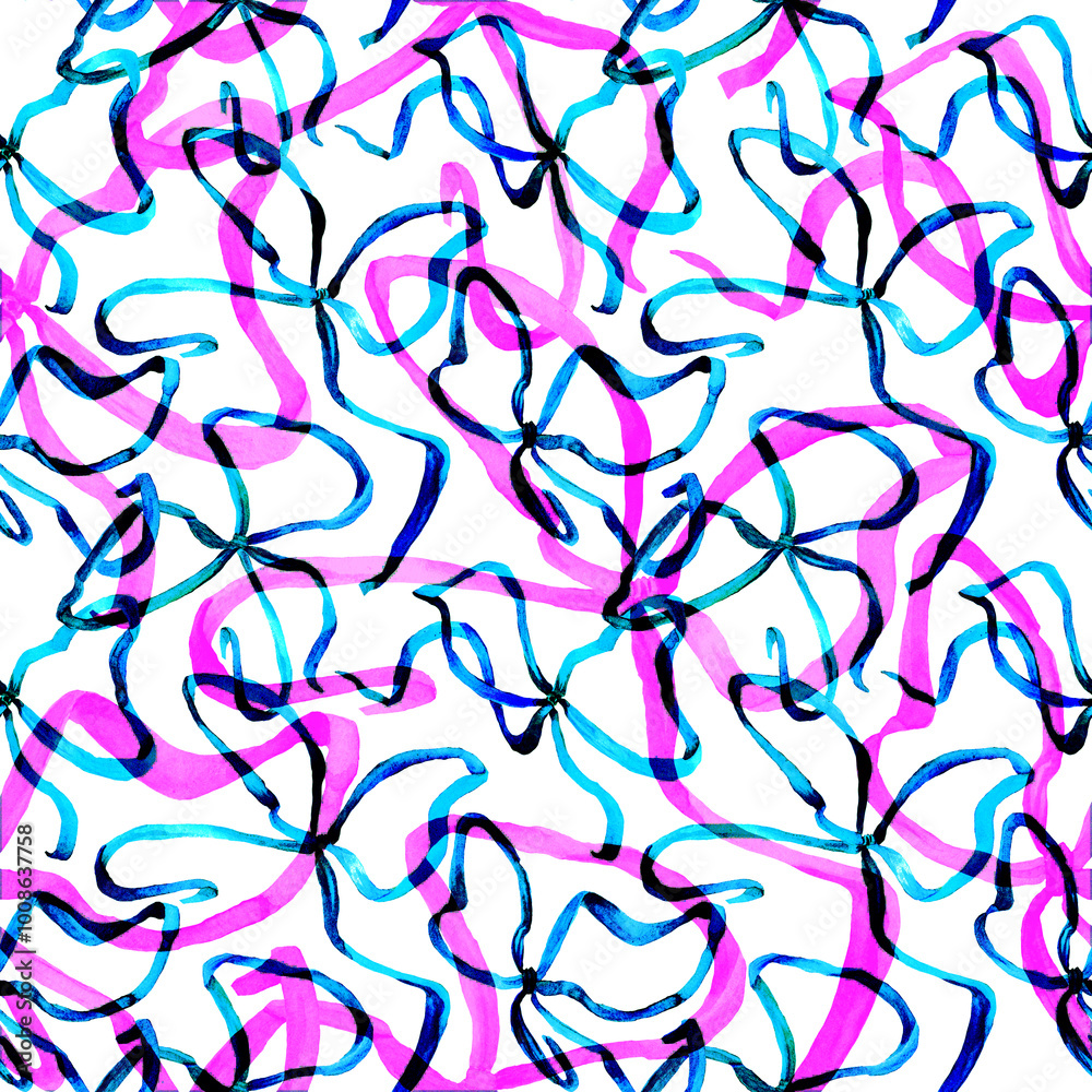 Seamless pattern with blue and pink silk bows. Illustration of elegant satin thin ribbons on white background. Design for festive decor, gift wrapping, textile. Tangled lines make optical illusion. Seamless pattern with blue and pink silk bows. Illustration of elegant satin thin ribbons on white background. Design for festive decor, gift wrapping, textile. Tangled lines make optical illusion.