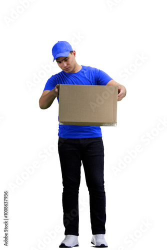 The deliveryman, full-length, on a white background, with a box