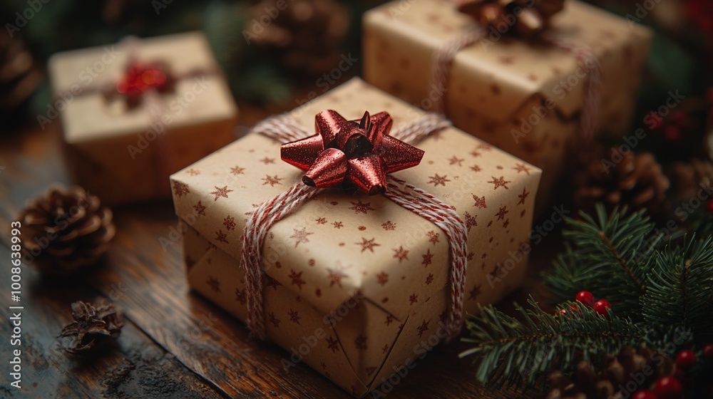 Three wrapped gifts with red bows and pine cones on a wooden table. Three wrapped gifts with red bows and pine cones on a wooden table.