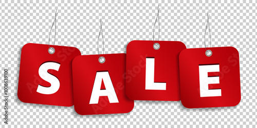 Red realistic hanging price tags with bold white text - SALE on transparent background. Discount paper labels with a string for Black Friday or another shopping event. Special offer ads, promotions.