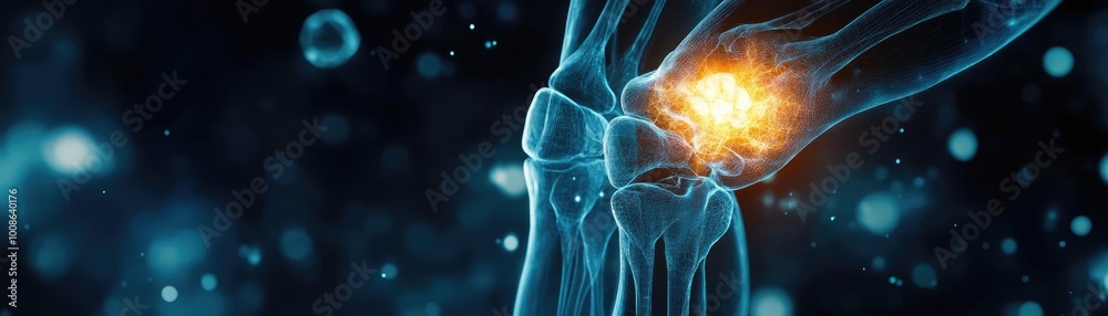 Obraz premium 3D illustration of a human joint with glowing particles, symbolizing pain or inflammation. Ideal for medical and health-related concepts.