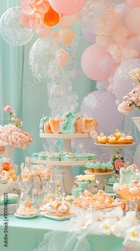 A colorful dessert table featuring pastel treats, elegant decorations, and balloons, perfect for celebrations and special occasions. photo