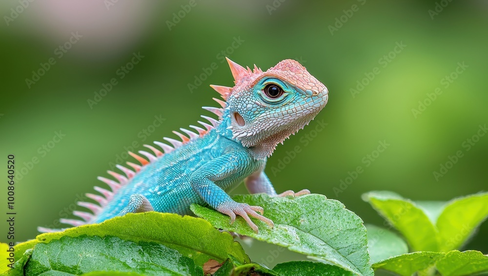 Blue Lizard on Green Leaves, Vibrant Reptile in Nature Blue Lizard on Green Leaves, Vibrant Reptile in Nature