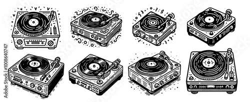 detailed hand-drawn turntable and vinyl collection black vector