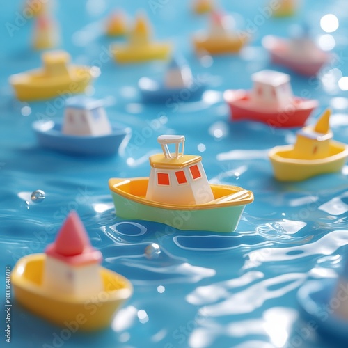 A vibrant scene of colorful toy boats floating on a shimmering blue water surface, evoking playfulness and joy. photo