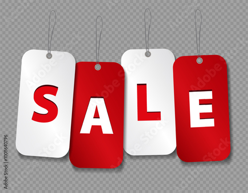 White and red realistic hanging price tags with text - SALE on transparent background. Discount paper labels with a string for Black Friday or another shopping event. Special offer ads, promotions.