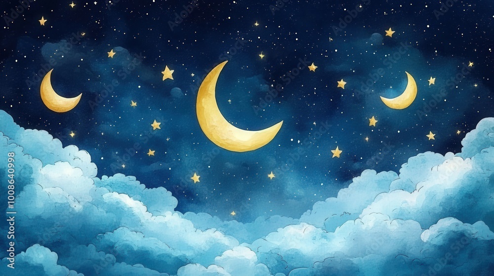 Naklejka premium Dreamy Night Sky with Moons and Stars