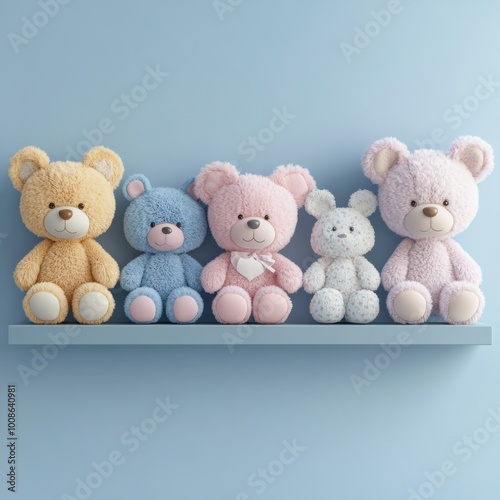 Adorable plush toys lined up on a shelf, perfect for children's rooms or as gifts for special occasions.