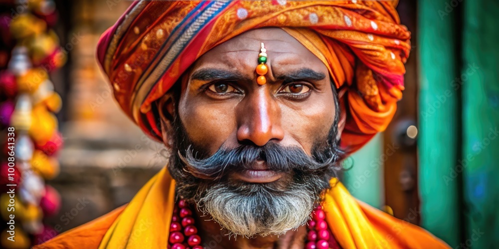 Portrait of a dark-skinned Indian individual with traditional attire and vibrant cultural background Portrait of a dark-skinned Indian individual with traditional attire and vibrant cultural background