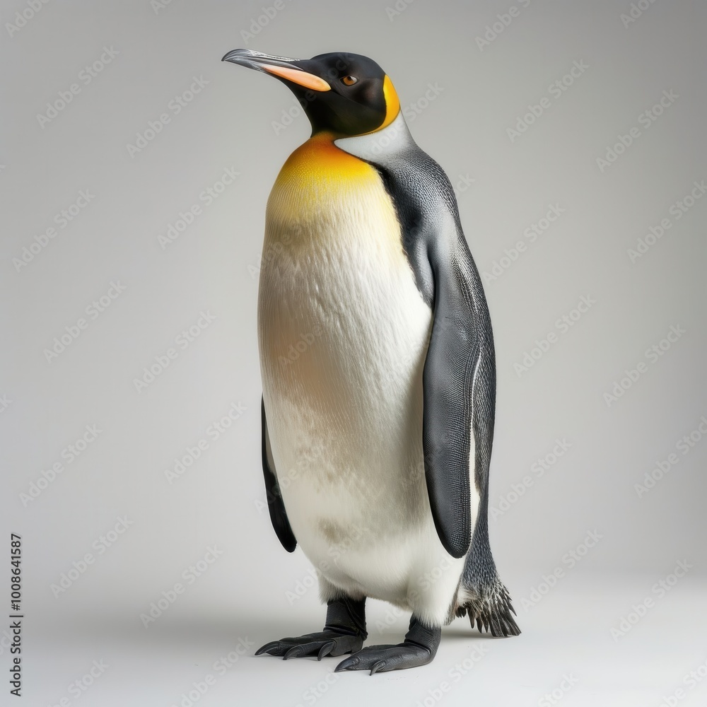 Naklejka premium A playful penguin waddles adorably, its fluffy feathers contrasting beautifully with the gentle light backdrop behind it.