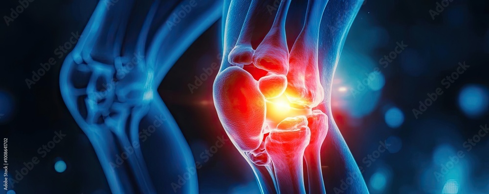 Illustration of a glowing knee joint highlighting pain and inflammation, depicting the importance of joint health and anatomy. Illustration of a glowing knee joint highlighting pain and inflammation, depicting the importance of joint health and anatomy.