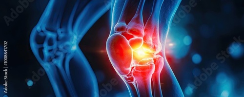 Illustration of a glowing knee joint highlighting pain and inflammation, depicting the importance of joint health and anatomy.