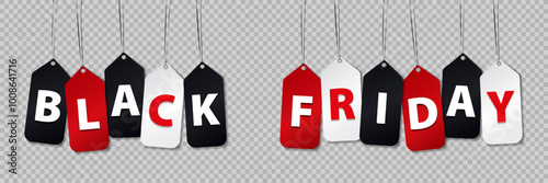 Hanging price tags with BLACK FRIDAY text in bold white and red letters on black, red, and white discount labels on transparent backdrop. Design element for shopping sales, advertising and promotions