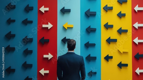 A businessman stands in front of colorful directional arrows, contemplating his choices and opportunities.