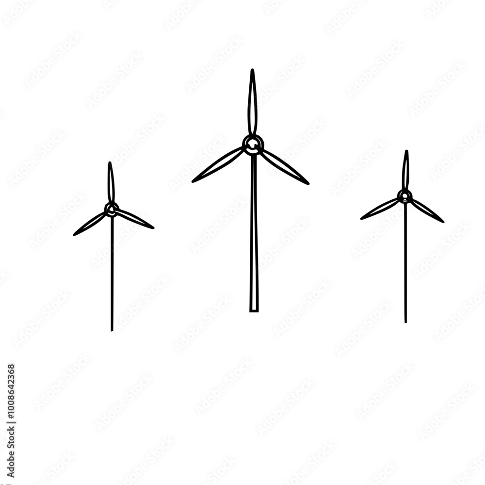 Graphic linear vector image of three wind turbines in a row, symbolizing renewable energy and environmental friendliness. Graphic linear vector image of three wind turbines in a row, symbolizing renewable energy and environmental friendliness.