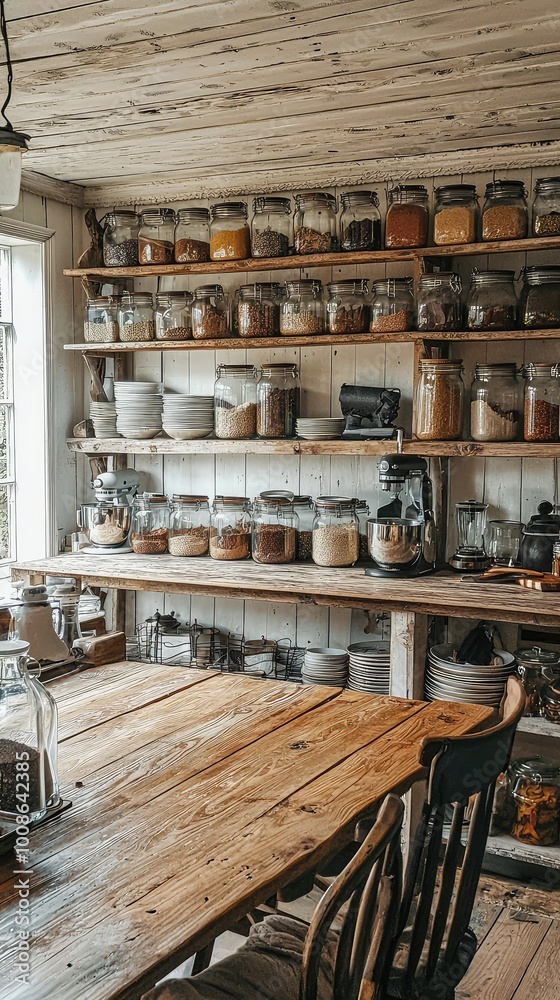 A cozy kitchen with wooden shelves filled with jars of various ingredients, creating an inviting and warm atmosphere.