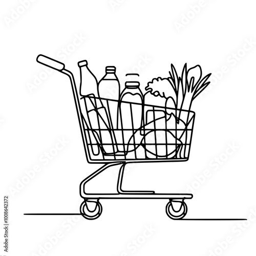 Linear vector outline drawing of a grocery cart