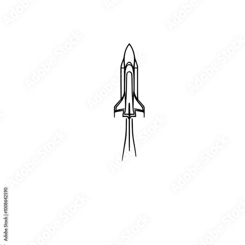 Linear vector contour stylized image of a space shuttle with boosters taking off into space