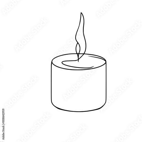 A minimalistic vector outline drawing of a candle with a flame, made in one line, creating the shape of a cylindrical candle and a burning wick.