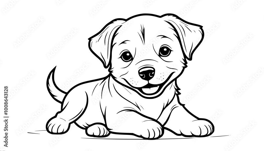 Fototapeta premium Black and white vector illustration of a puppy with a joyful expression lying with its front paws outstretched and its tail wagging