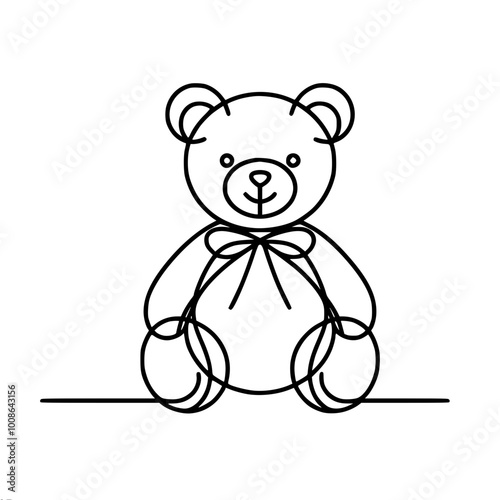 Minimalistic vector outline drawing of a sitting teddy bear with a bow on his neck