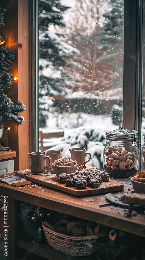 A cozy winter scene with cookies and hot drinks by the window, showcasing a festive ambiance and snowy landscape outside. A cozy winter scene with cookies and hot drinks by the window, showcasing a festive ambiance and snowy landscape outside.