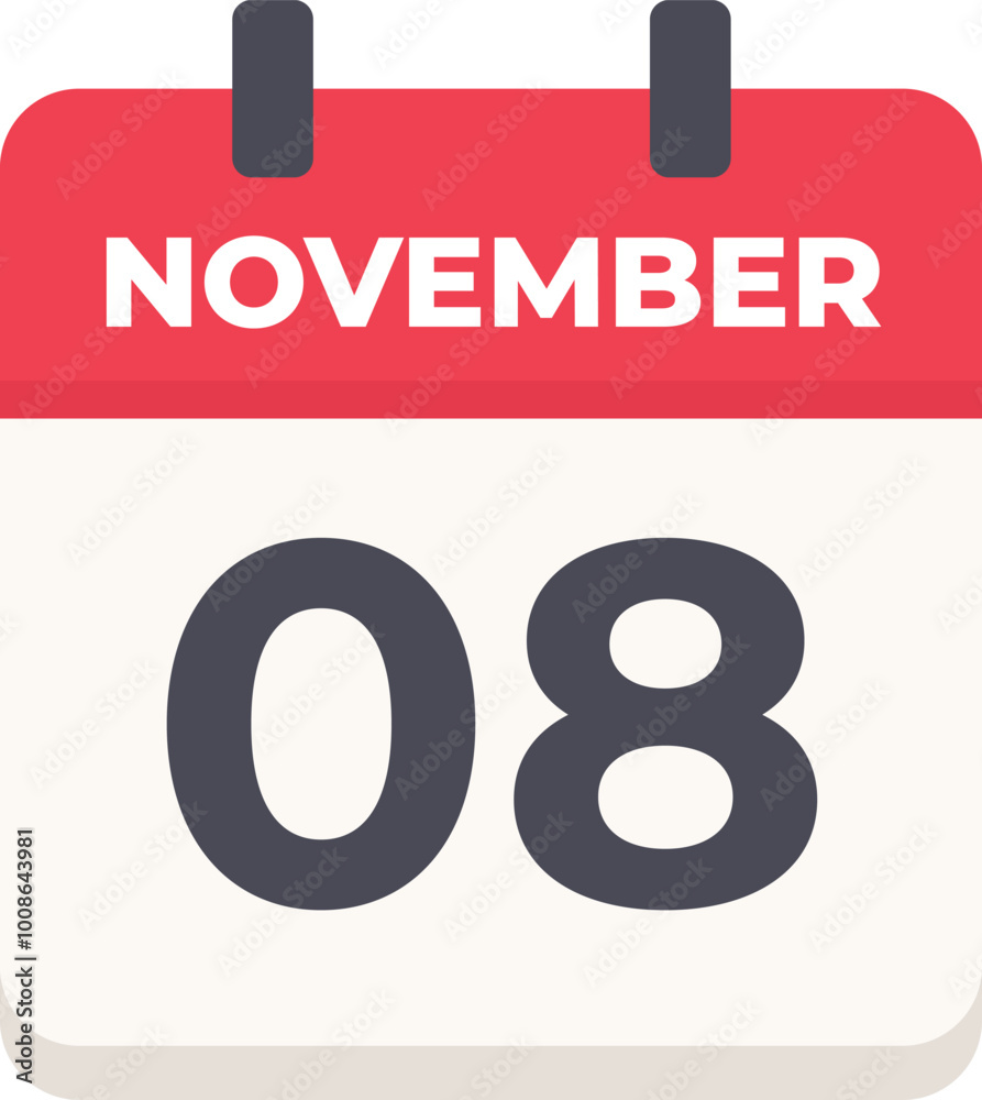 08 November- Daily Calendar Icon in flat design style red and white 08 November- Daily Calendar Icon in flat design style red and white